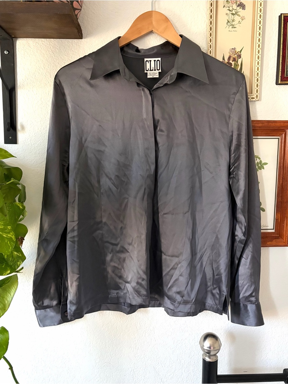 80s 90s Vintage Silk Long-Sleeve Button Down Blouse - Charcoal Gray Medium